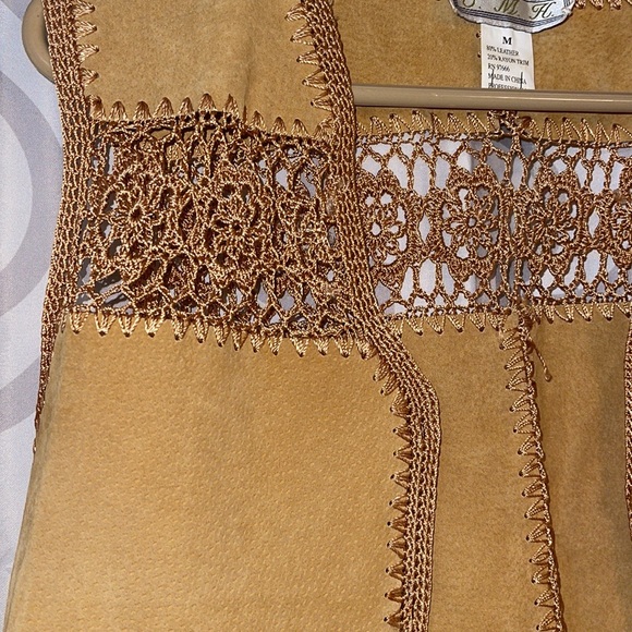 Boho Hippie Vest Leather Yellow Crochet Buttons Lace Like Festival Unusual - Picture 3 of 3